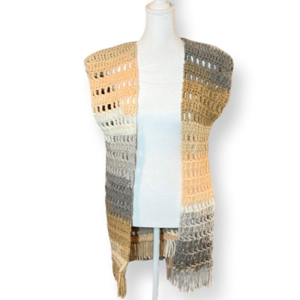 Boho Hand Crocheted Long Open Vest with Fringe in Autumnal Colors - Picture 6 of 8